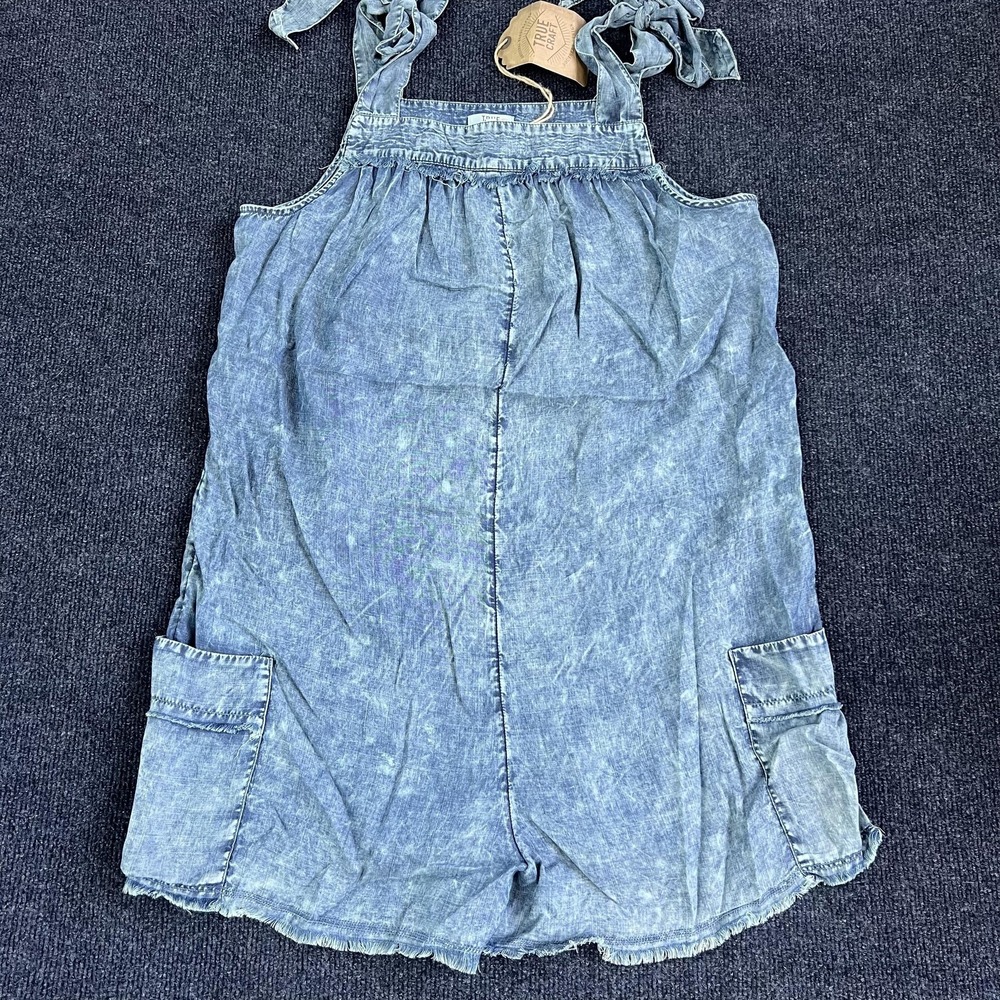 True Craft Dress Womens Large Blue Denim Tie Strap Romper Pockets Festival